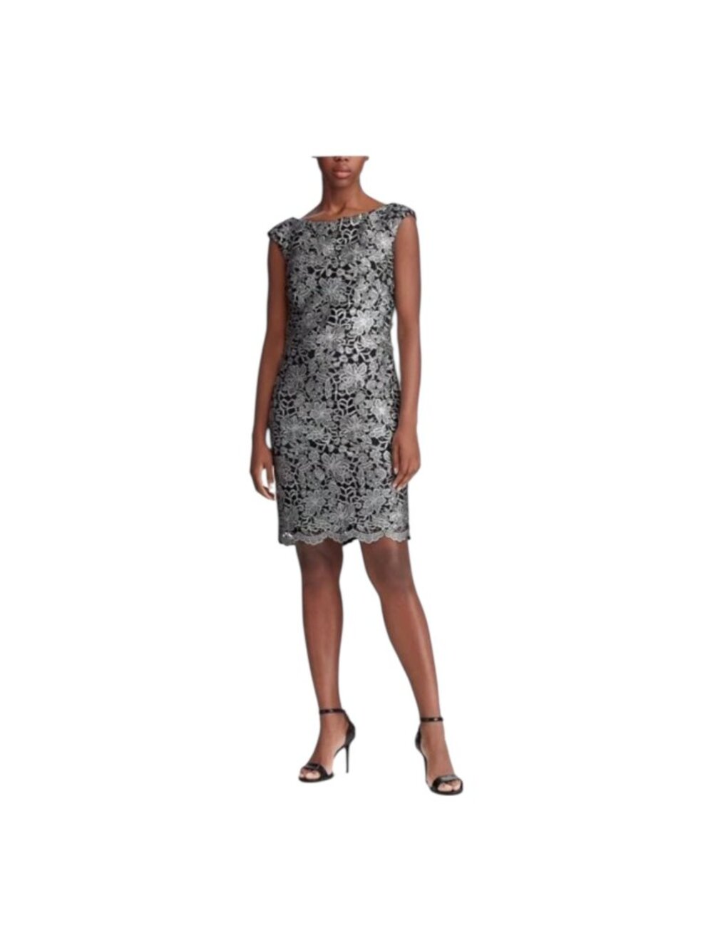 Lauren Ralph Lauren Women's Black Silver Floral Lace Sheath Dress, Size 12